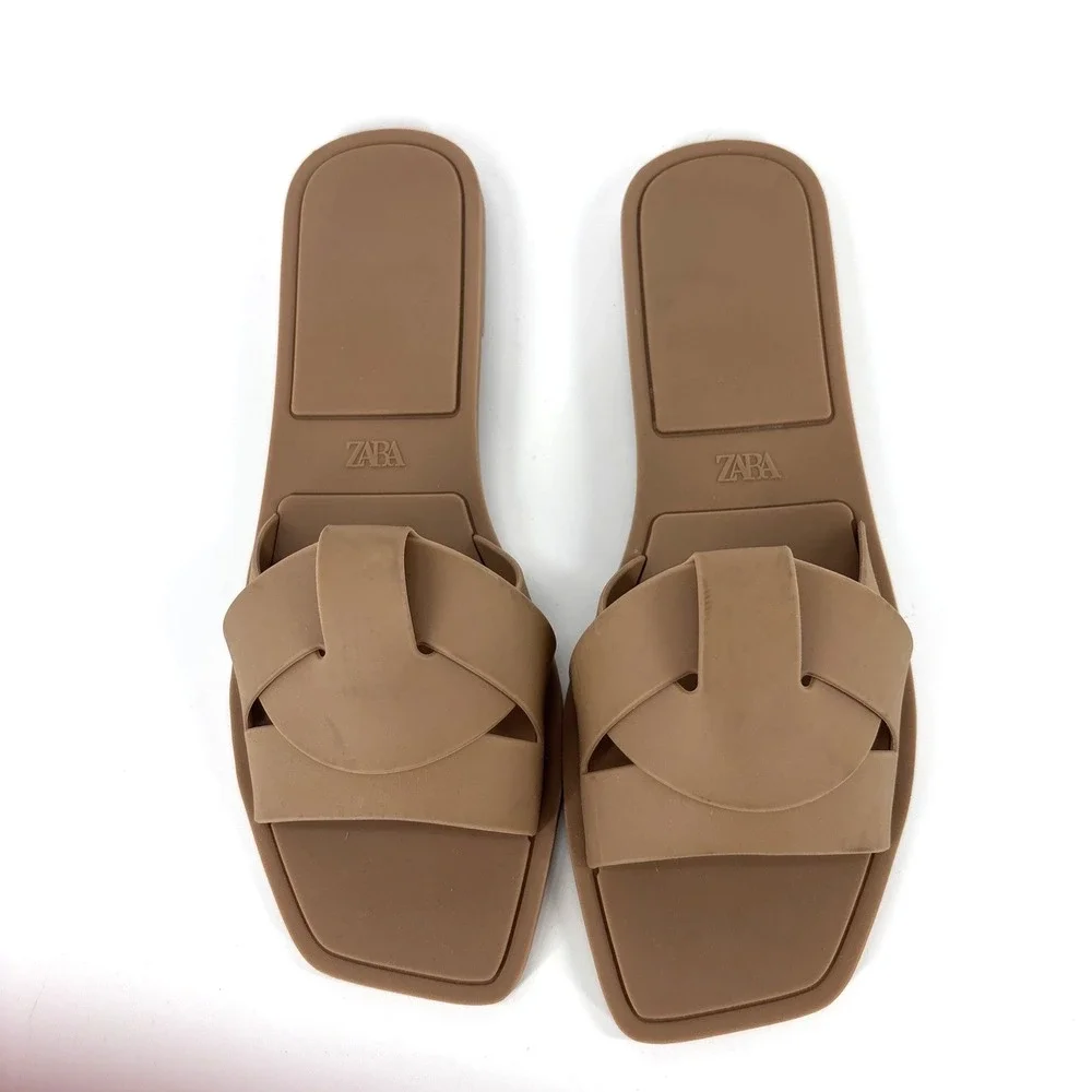 Zara Slip-on Sandals Womens 9-9.5 EU 40 Tan Rubber Slide - Picture 2 of 6